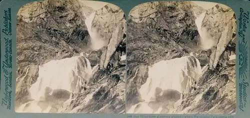 Stereofoto Norwegen, Überschwemmung durch einen schmelzenden Gletscher, Rembesdal-Wasserfälle