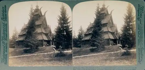 Stereofoto Christiania Norwegen, Alte Kirche von Gol im Park Oscarshal