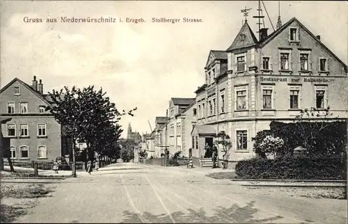 Ak Niederwürschnitz im Erzgebirge Sachsen, Stollberger Straße, Restaurant zur Haltestelle