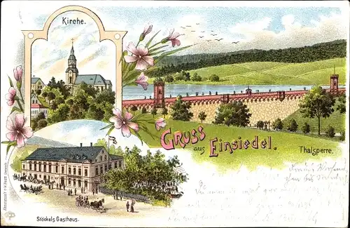 Litho Einsiedel Chemnitz in Sachsen, Kirche, Stöckels Gasthaus, Talsperre