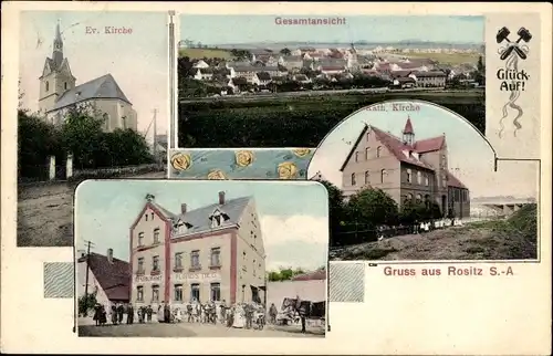 Ak Rositz in Thüringen, Panorama vom Ort, Kirche, Restaurant Tieg