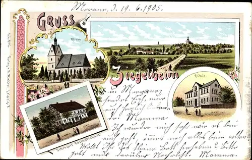 Litho Ziegelheim in Thüringen, Schreyers Geschäftshaus, Schule, Kirche, Panorama vom Ort