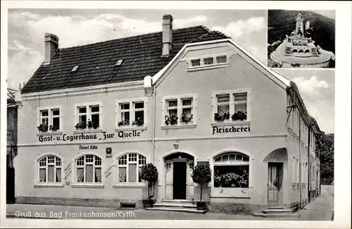 Ak Bad Frankenhausen am Kyffhäuser Thüringen, Gasthaus Logierhaus Zur Quelle, Fleischerei, Denkmal