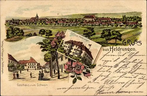 Litho Heldrungen in Thüringen, Gasthaus zum Schwan, Schloss Heldrungen, Panorama