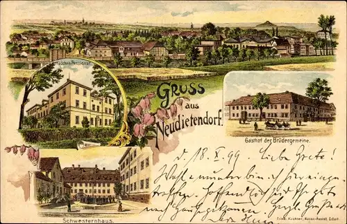 Litho Neudietendorf in Thüringen, Schwesternhaus, Gasthof der Brüdergemeinde, Mädchen-Pensionat