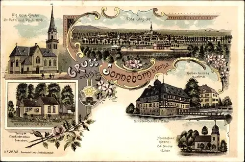 Litho Sonneborn Thüringen, Gelbes Schloss, Kleinkinderschule, Nordhofner Kirche