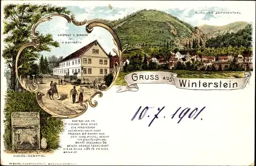 Litho Winterstein Thüringen, Gasthof zum Hirsch, A. Seyfarth, Hunde Denkmal