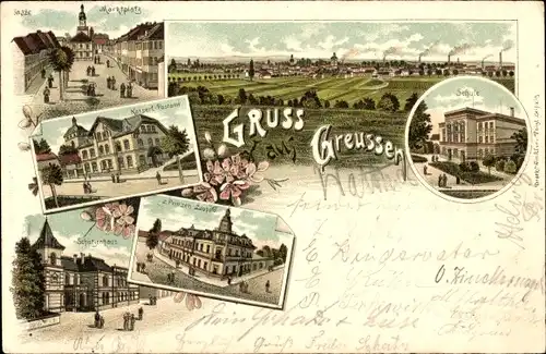 Litho Greußen Thüringen, Gasthof, Schule, Schützenhaus, Gasthaus z. Prinzen Leopold