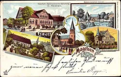 Litho Magelsen Hilgermissen in Niedersachsen, Gasthof G. Neelen, Siebenmeierhof Clüver, Kirche