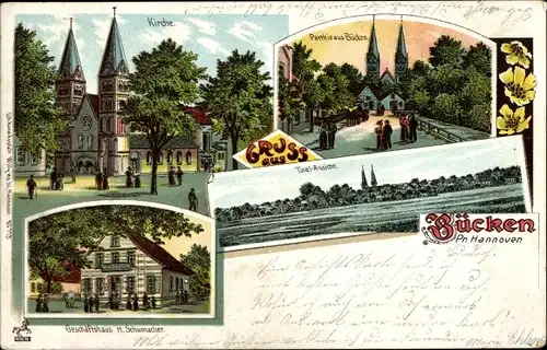 Litho Bücken in Niedersachsen, Kirche, Geschäftshaus, Totalansicht