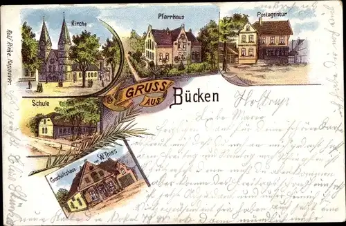 Litho Bücken in Niedersachsen, Kirche, Pfarrhaus, Geschäftshaus, Schule