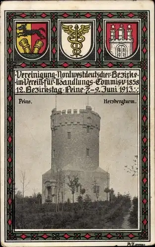 Wappen Ak Peine in Niedersachsen, Herzbergturm, Vereinigung Nordwestdt. Bezirke, Bezirkstag 1913