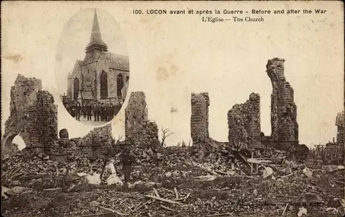 Ak Locon Pas de Calais, Gesamtansicht der Kirche vor und nach dem Krieg