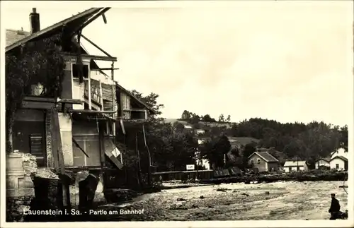 Ak Lauenstein im Müglitztal Altenberg, Bahnhof, Unwetter 8. Juli 1927