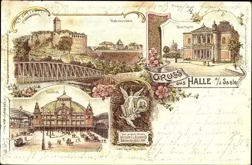 Litho Halle Saale, Giebichenstein, Stadttheater, Bahnhof
