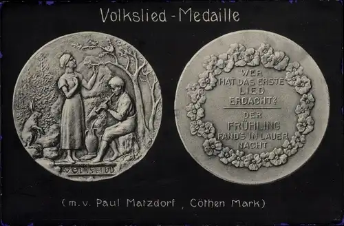 Ak Cöthen Falkenberg, Volkslied Medaille m. v. Paul Matzdorf