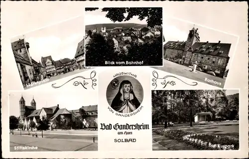 Ak Bad Gandersheim am Harz, Marktplatz, Stiftskirche, Kurpark, Rathaus, Blick vom Bahnhof