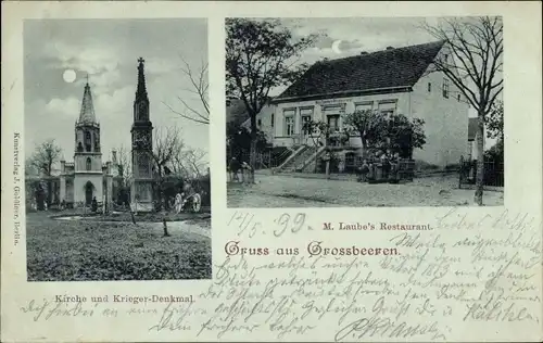 Mondschein Ak Großbeeren in Brandenburg, Kirche, Kriegerdenkmal, Restaurant M. Laube