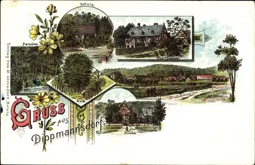 Litho Dippmannsdorf Bad Belzig in der Mark, Schule, Paradies, Oberförsterei, Kirche
