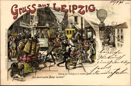 Litho Leipzig, Die elektrische Bahn kommt, Grimmaische Straße, Straßenbahn, Ballon