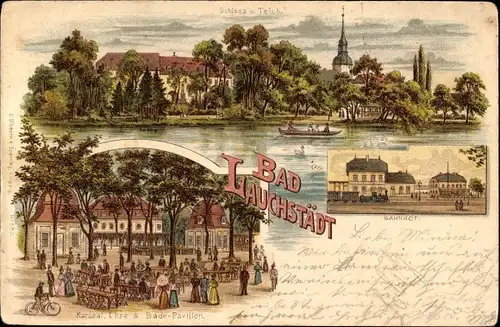 Litho Bad Lauchstädt in Sachsen Anhalt, Bahnhof Gleisseite, Schloss, Teich, Kursaal