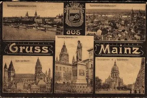 Ak Mainz am Rhein, Stadthalle, Dom Christuskirche, Kaiserstraße, Gutenberg Denkmal