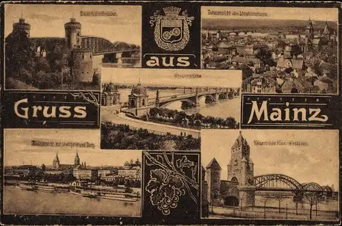 Ak Mainz am Rhein, Stadthalle, Dom, Eisenbahnbrücke, Straßenbrücke, Kaiserbrücke