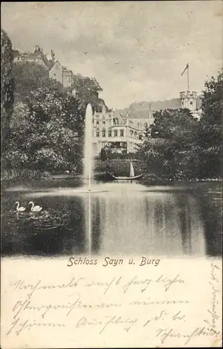 Ak Sayn Bendorf am Rhein, Schloss, Burg, Fontaine, Schwäne