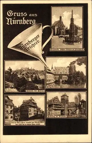 Ak Nürnberg in Mittelfranken, Albrecht-Dürer Haus, Wasserturm, Fachwerkhäuser, Trichter