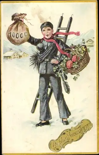 Ak Fröhliches Neujahr, Schornsteinfeger mit Geldsack, Korb mit Pilzen und Kleeblättern