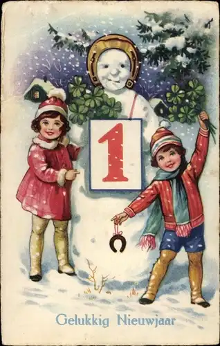 Ak Fröhliches Neujahr, Schneemann, Kalenderblatt, Kinder, Kleeblätter