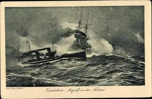 Künstler Ak Stöwer, W., Deutsches Kriegsschiff, Torpedoboots-Angriff in der Nordsee