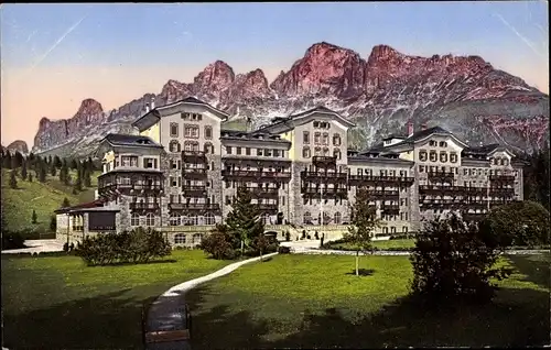 Ak Lago di Carezza Karersee Südtirol, Hotel mit Rosengartengruppe