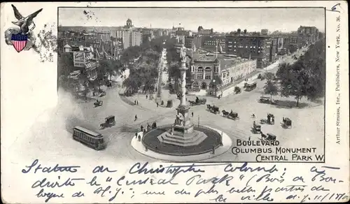 Ak Manhattan New York City USA, Central Park, Boulevard, Columbus Monument