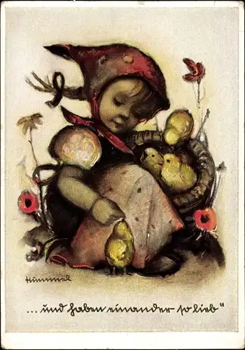 Künstler Ak Hummel, Berta, Nr. 4951, und haben einander so lieb, Mädchen, Küken