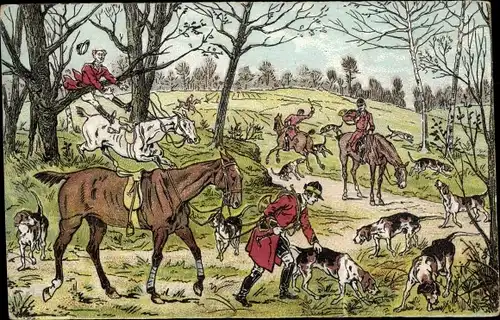 Ak Jäger im Wald, Jagdhunde suchen nach einem Waldtier, Pferde