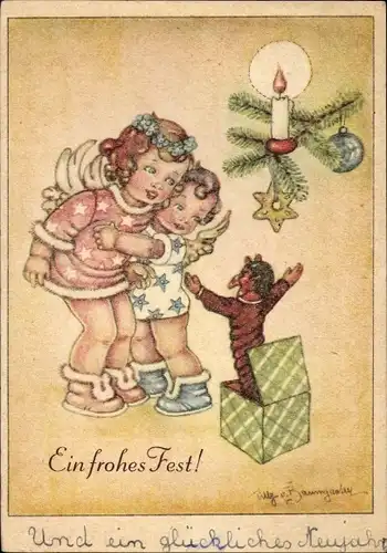 Künstler Ak Baumgarten, Tilly, Glückwunsch Weihnachten, Engel, Schachtelteufel