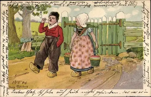 Künstler Litho Mühlberg, G., Kinder in niederländischen Trachten, Wasserträgerin, Eimer