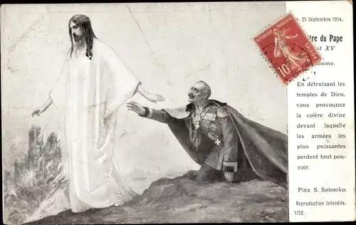 Künstler Ak Solomko, Kaiser Wilhelm II. kniet vor Jesus, Bitte, Propaganda