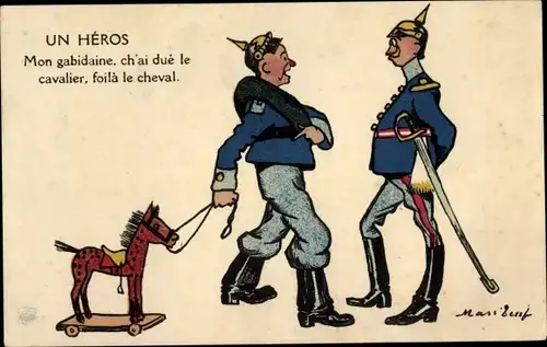 Künstler Ak Deutscher Soldat mit Schaukelpferd