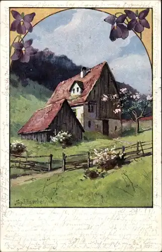 Künstler Litho Splitgerber, Wohnhaus, Wiese, Blühende Bäume, Veilchen