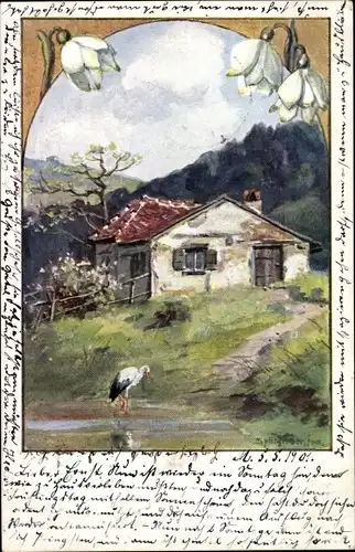 Künstler Litho Splitgerber, Wohnhaus, Storch, Schneeglocken