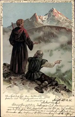 Künstler Litho Döcker, E., Geistliche, Wanderer, Bergspitzen