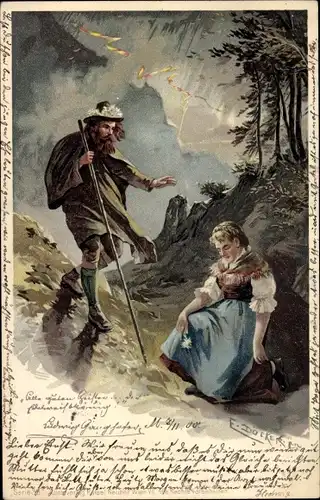 Künstler Litho Döcker, E, Wanderer, Bäuerin, Ludwig Ganghofer