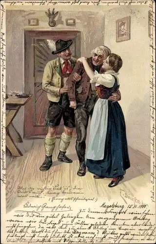 Künstler Litho Döcker, E, Paar in Trachten, Besuch beim Vater, Ludwig Ganghofer