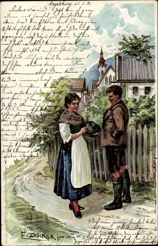 Künstler Litho Döcker, E., Liebespaar in Tracht, Dorfmotiv