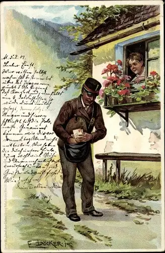 Künstler Litho Döcker, E., Postbote bringt einen Brief, Frau am Fenster