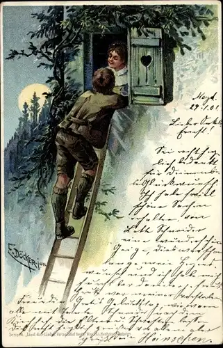 Künstler Litho Döcker, E., Mann auf der Leiter, Fensterln, Liebespaar, Mond