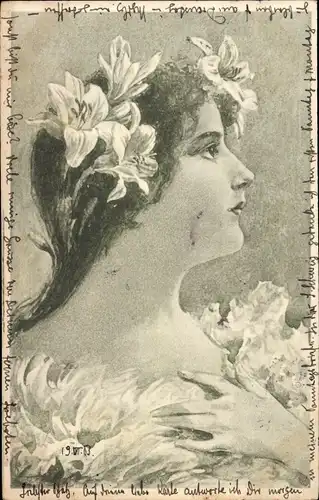 Litho Portrait einer Frau, Blumen in den Haaren, Haarschmuck