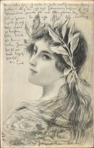 Künstler Litho Portrait einer Frau, Haarschmuck, Laubblätter